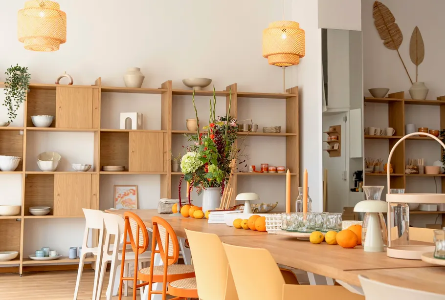 Dining room with wooden furniture and decorations.