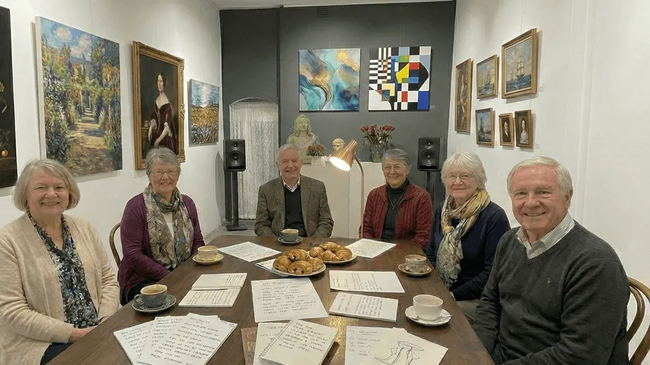 Gruppe von Menschen trinkt Kaffee in einer Kunstgalerie.
