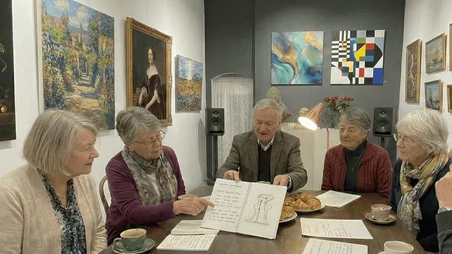 Gruppe bespricht Dokumente in Kunstgalerie.