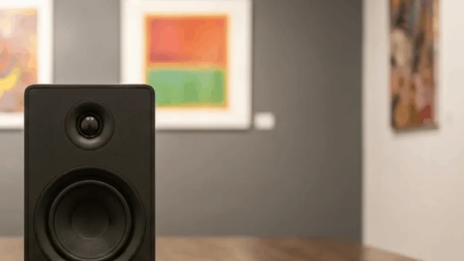 Speaker in a gallery with abstract paintings.