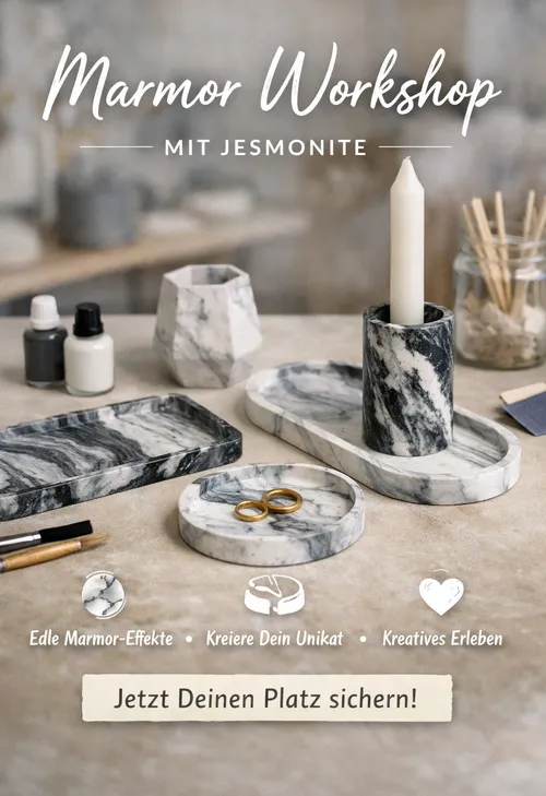 Marble items on table with workshop text.