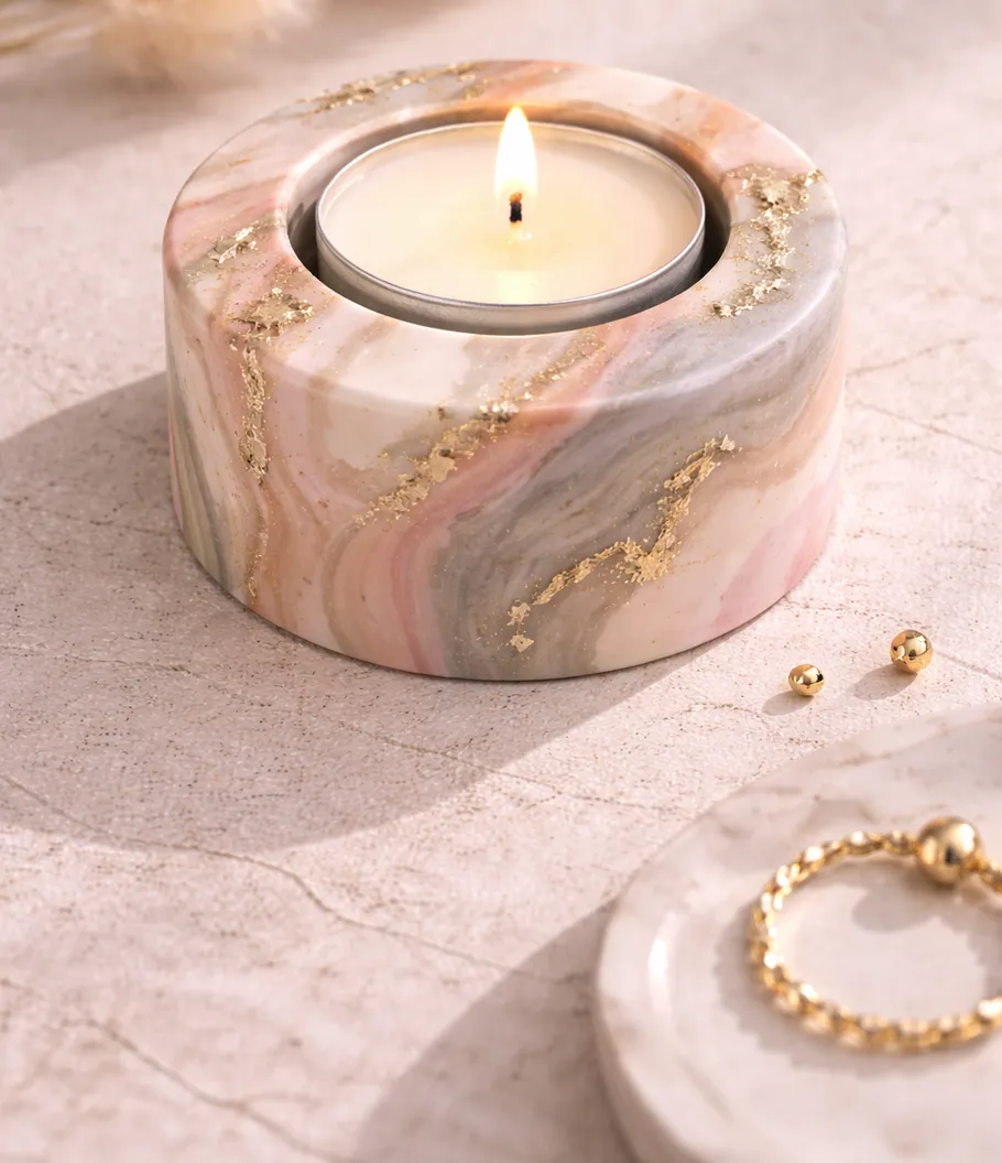 Candle in marble holder, lit on stone surface.