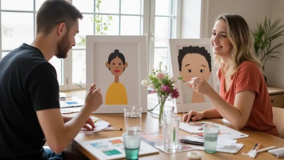 Two people painting portraits indoors.
