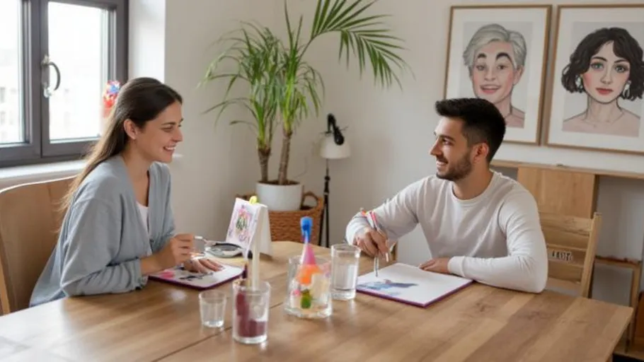 Two people painting together at table indoors.