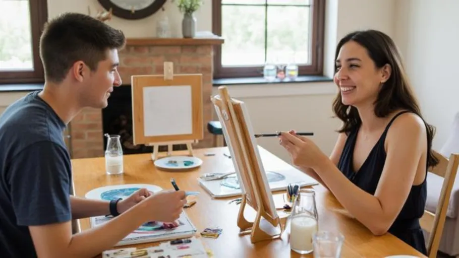 Two people painting happily at table.