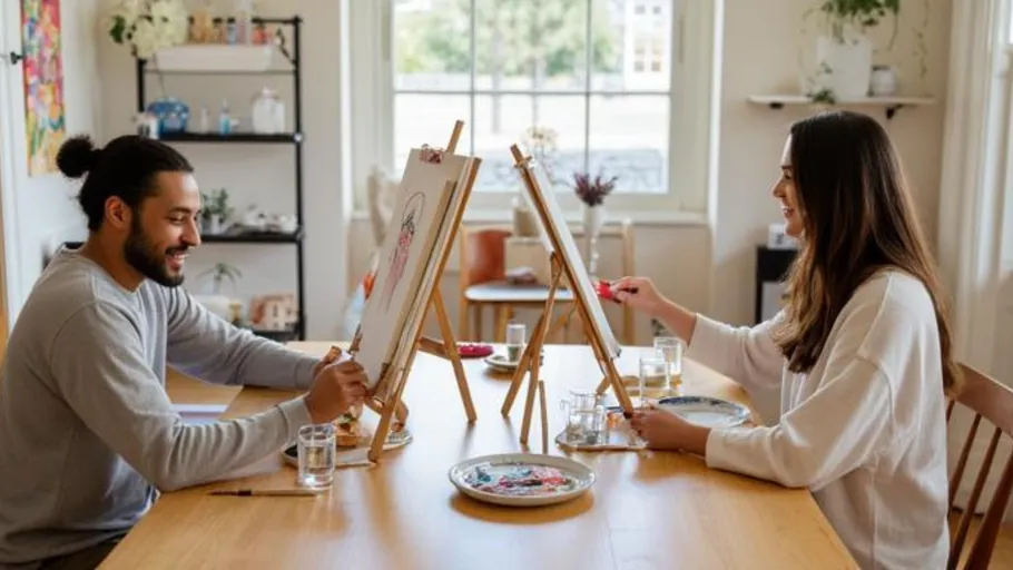 Two people painting at a table indoors.