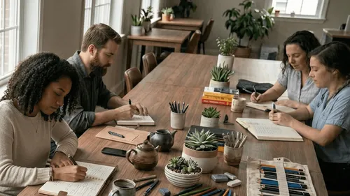 Four people writing at a wooden table.