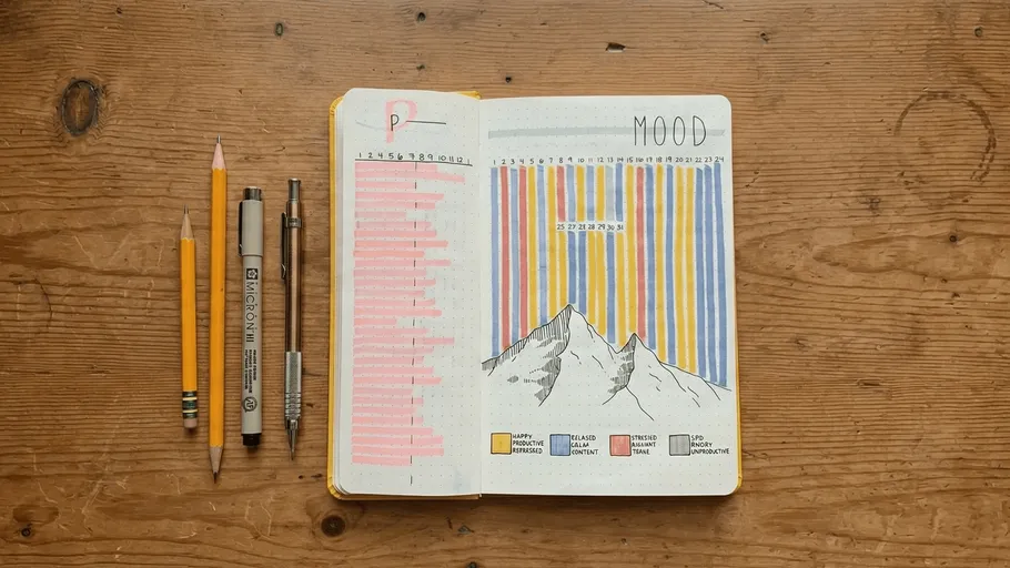 Open notebook with colorful mood chart and pencils.