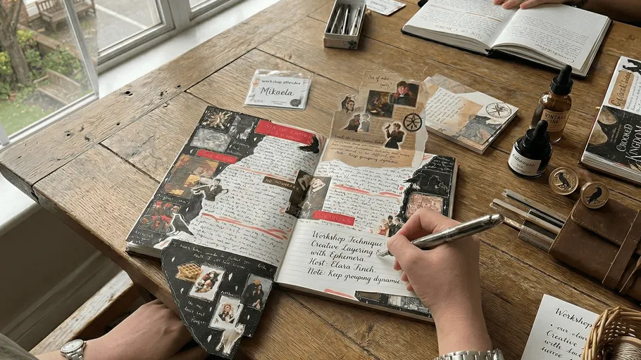 Person schreibt in ein Scrapbook auf Holztisch.