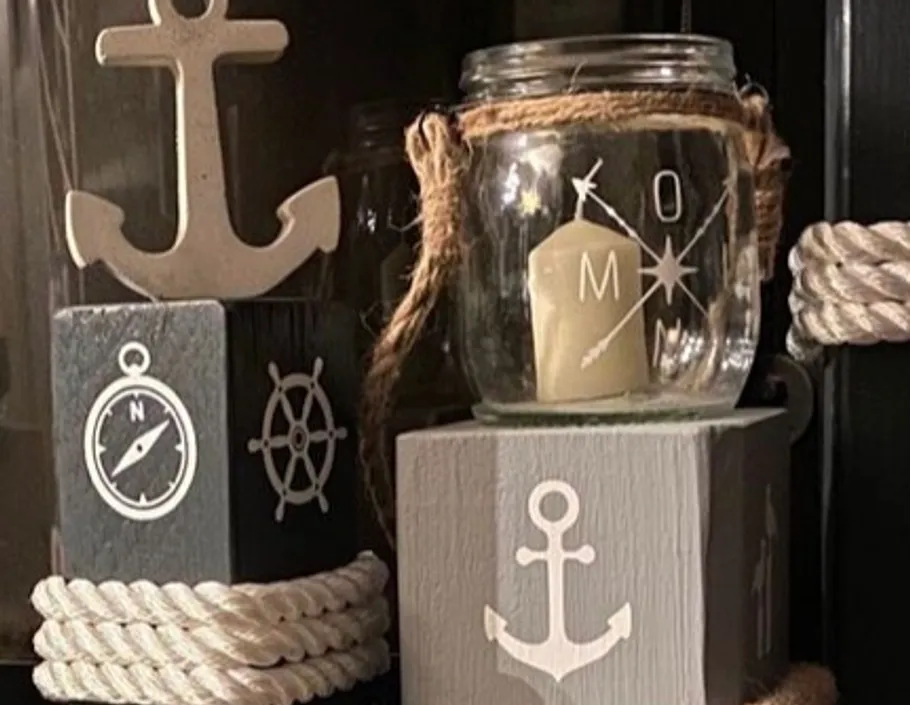 Nautical decorations with anchor and compass theme.
