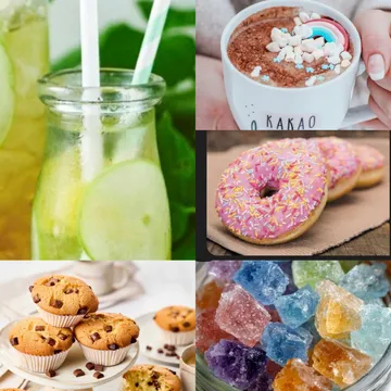 Lemonade, cocoa, donuts, muffins, and colorful candies.