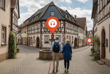 Paar geht durch malerische Straßen mit Symbolen.