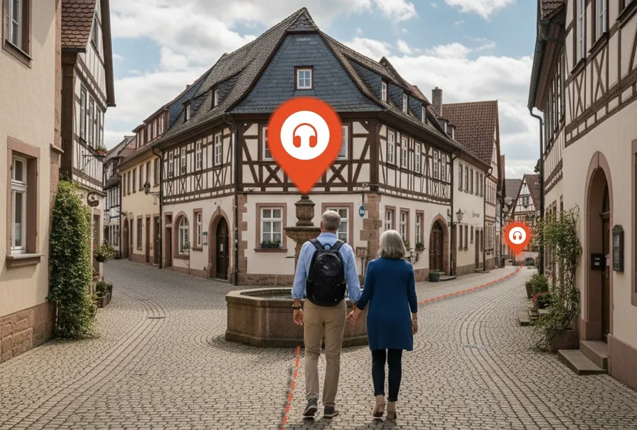 Couple walking in quaint streets with icons.