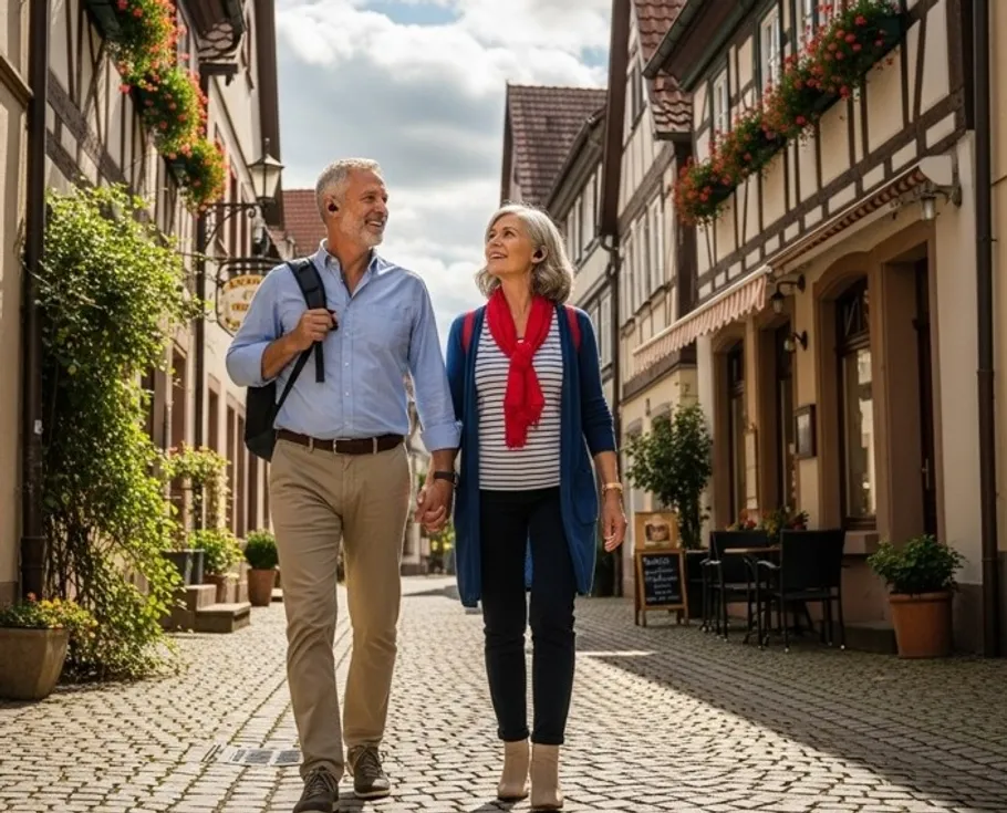 Elderly couple walking on cobblestone street.