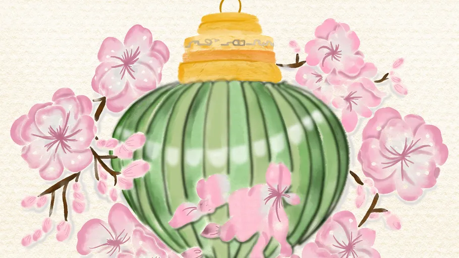 Green lantern with pink cherry blossoms.