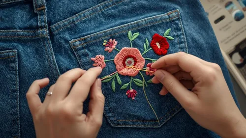 Hände sticken bunte Blumen auf Denim.