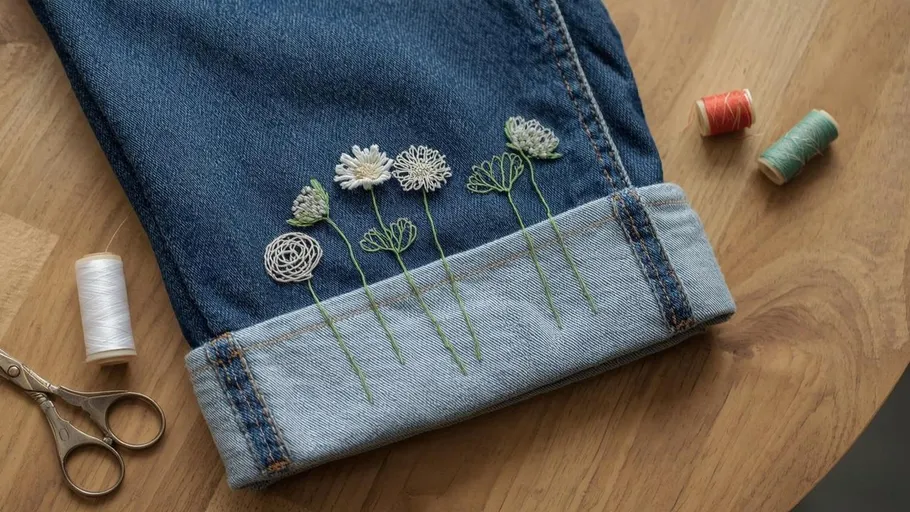 Jeans mit Blumenstickerei auf Holztisch.