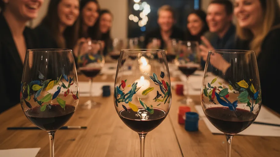 Verzierte Weingläser auf Tisch mit feiernden Leuten.