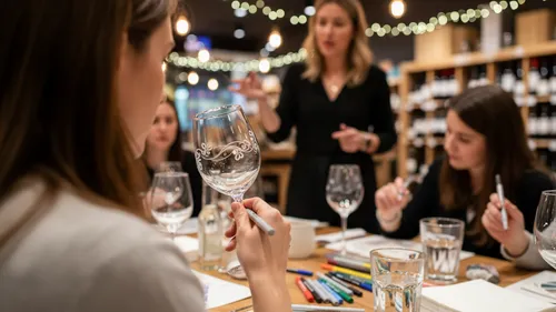 Frauen bemalen Weingläser im Kunstkurs.