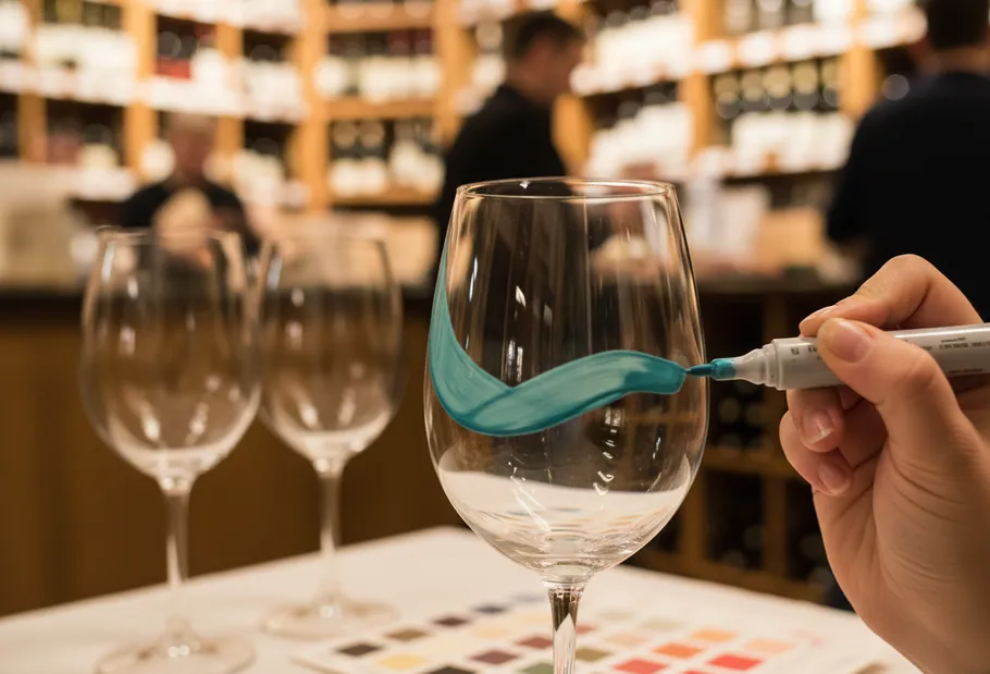 Hand paints wine glass with blue marker.