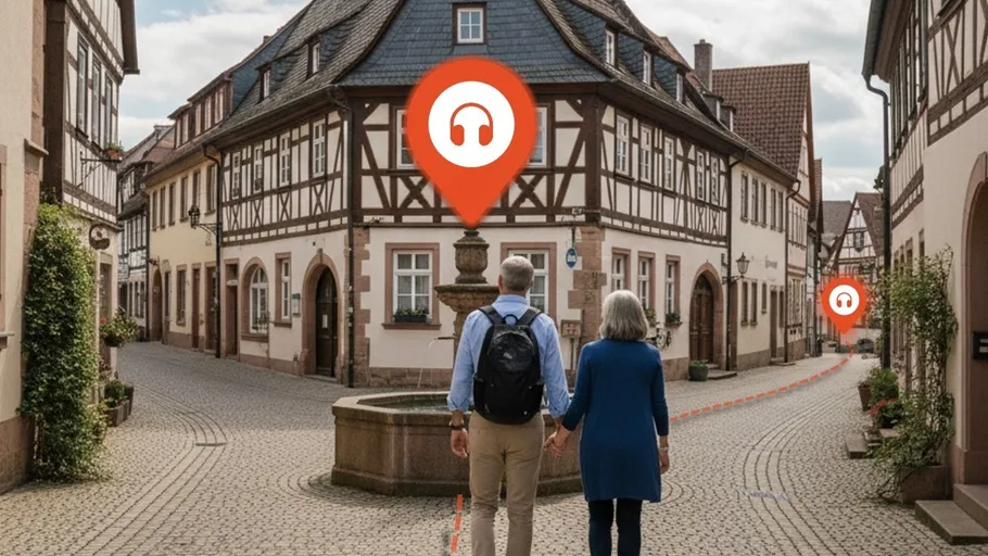 Paar spaziert durch malerisches europäisches Dorf.