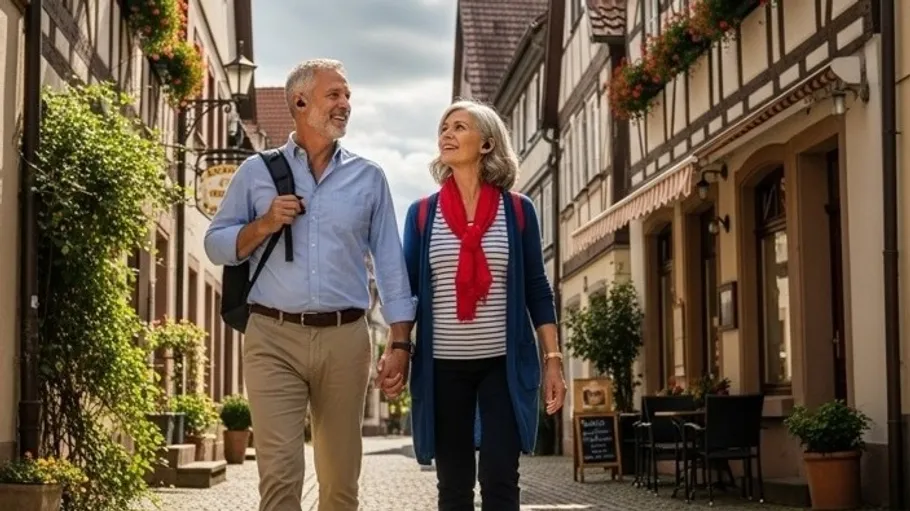 Couple walking in picturesque village street.