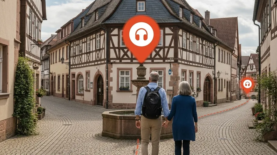 Paar spaziert in malerischem europäischen Dorf.