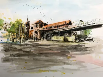Stadtansicht mit Brücke und Gebäude, Menschen gehen vorbei.