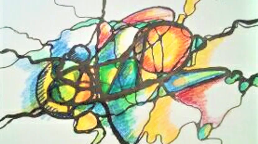 Abstract colorful shapes with black outlines.