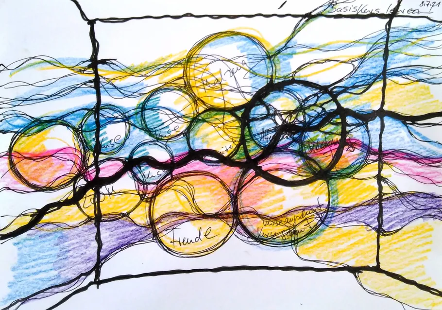 Colorful abstract drawing with interconnected circles.