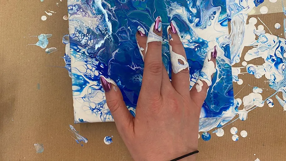 Hand painting with blue and white acrylic on canvas.
