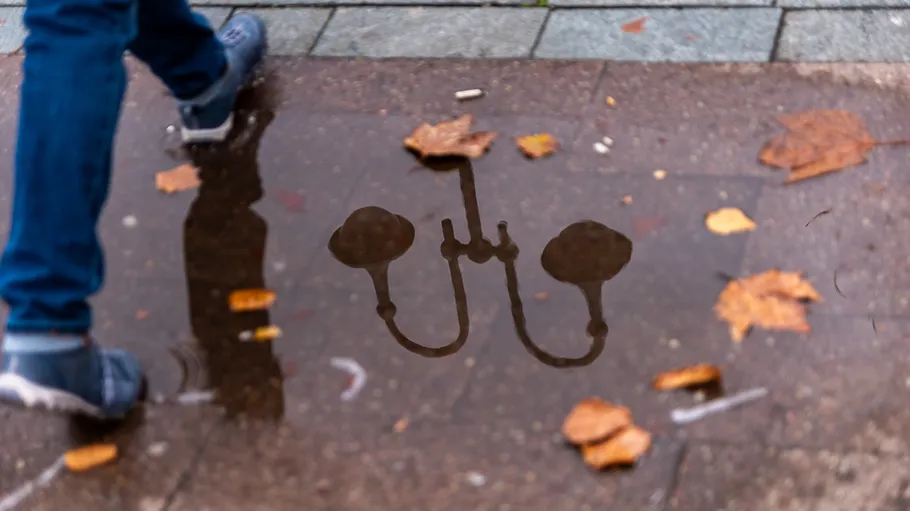 Person walking past a street puddle reflection.