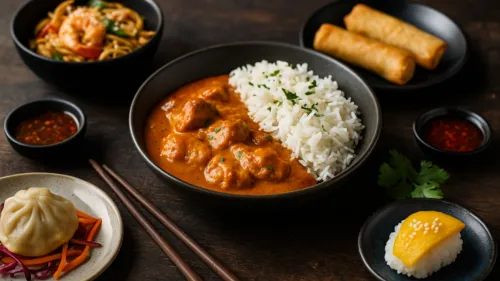 Assorted Asian dishes displayed on a table.