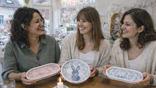 Three women smiling, holding decorated plates indoors.