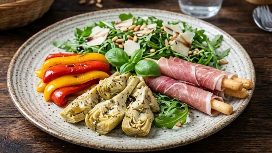 Plate with antipasto including vegetables, cheese, meats.