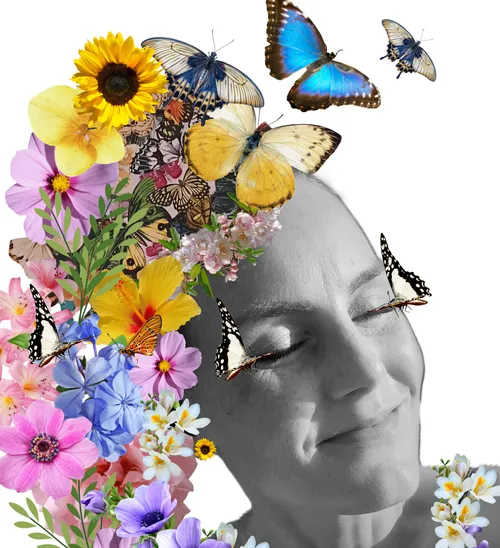 Frauengesicht von Blumen und Schmetterlingen umgeben.