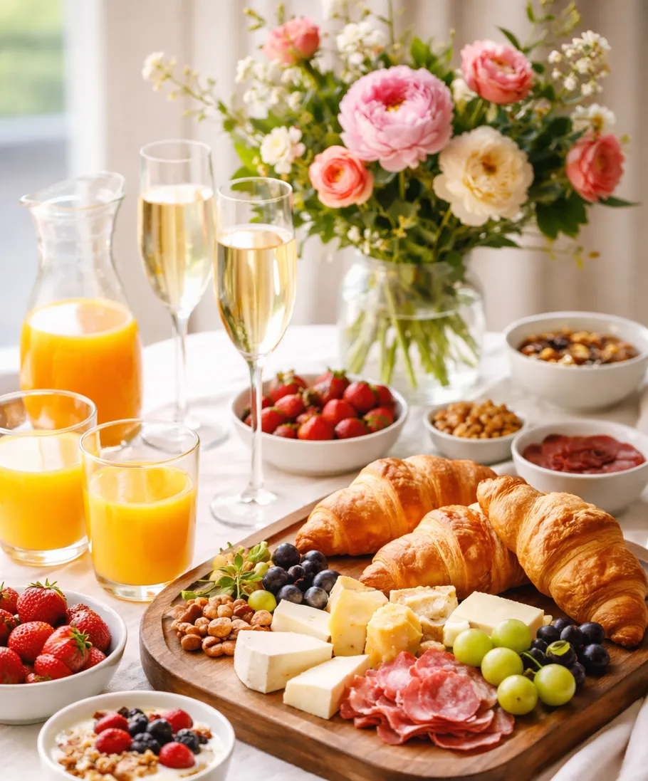 Brunch mit Croissants und Blumen auf Tisch.