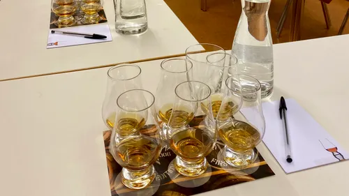 Whiskey tasting glasses on a table.
