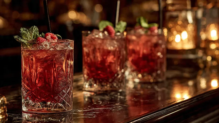 Drei Cocktails mit Minze und Beeren an der Bar.