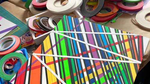Colorful tape art on table with supplies.