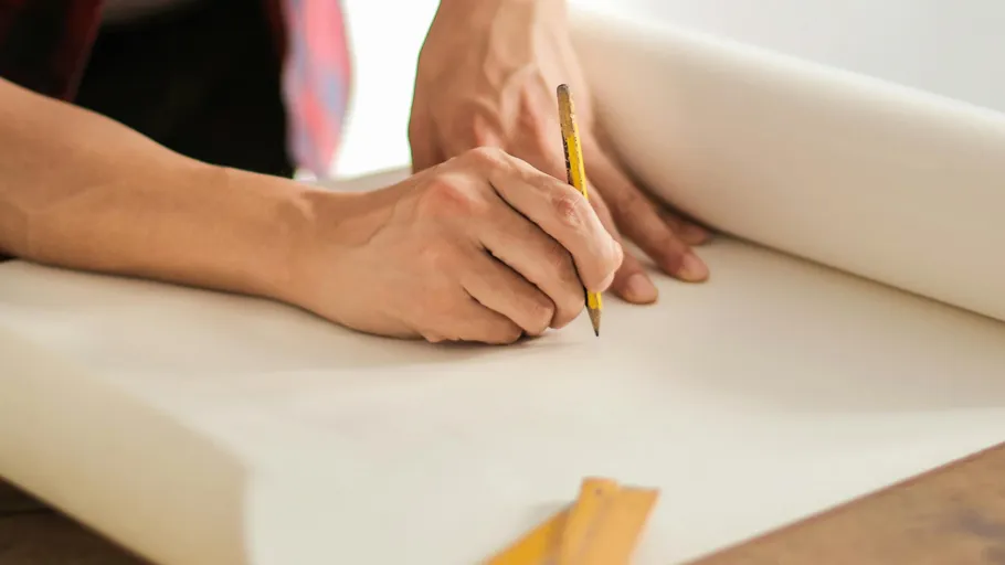 Person zeichnet mit Bleistift auf großem Papier.