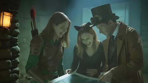 Costumed people look at map in dim room.