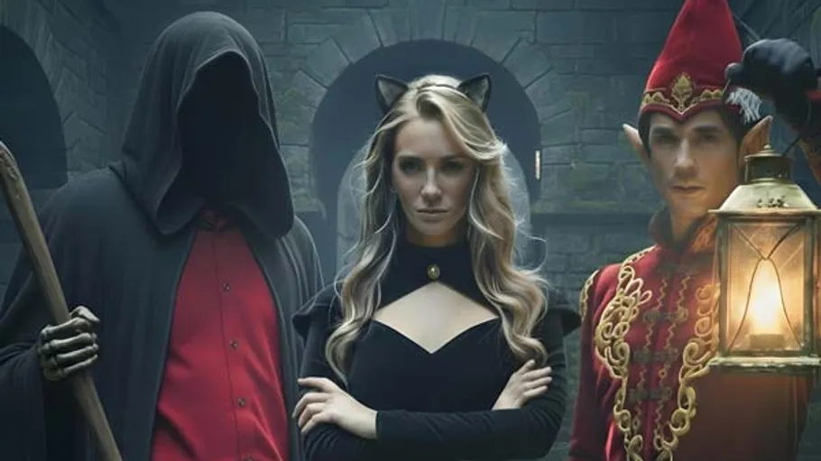 Three fantasy characters in a stone corridor.