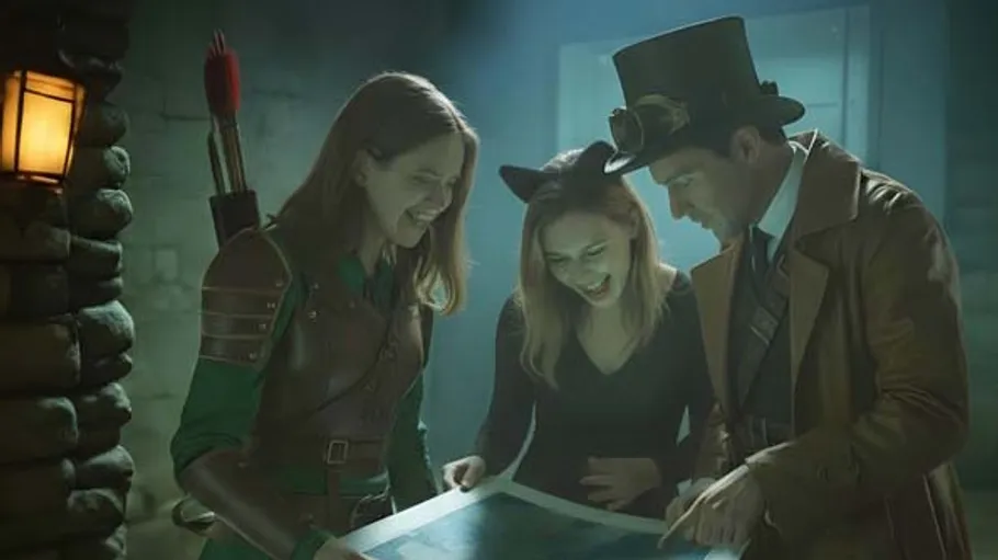 Three people in costumes examine a map indoors.