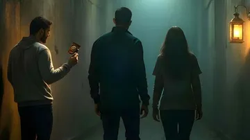 Three people walking down dark corridor.