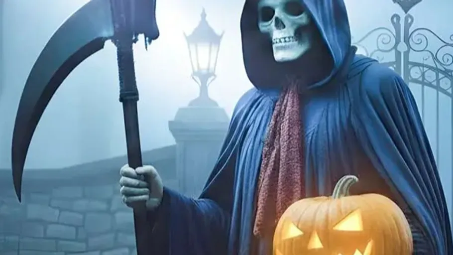 Skeleton with scythe and pumpkin in graveyard.