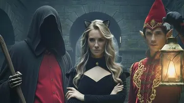 Three people in fantasy costumes in stone corridor.