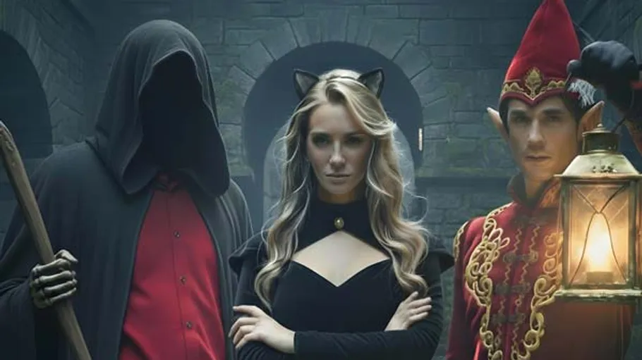 Three people in fantasy costumes in stone corridor.