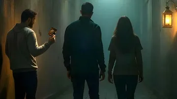 Three people walking down dimly lit corridor.
