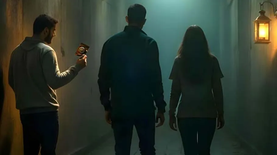Three people walking down dimly lit corridor.